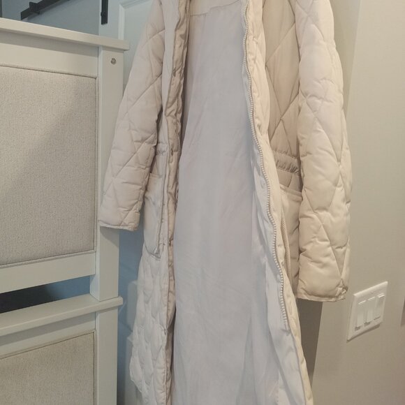 NEW Beautiful Cream Ivory Long Quilted Belted Long Winter Coat - Picture 3 of 8